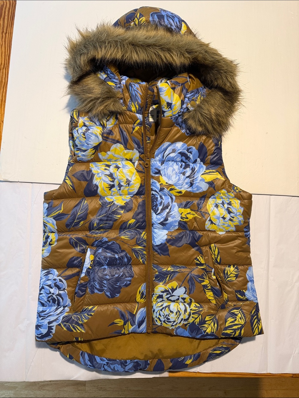 aerie Floral Puffer Vest with Faux-Fur Hood - Brown/Blue/Yellow